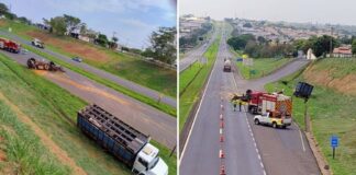 Caminhão carregado com laranjas tomba após colisão na Rodovia Euclides da Cunha
